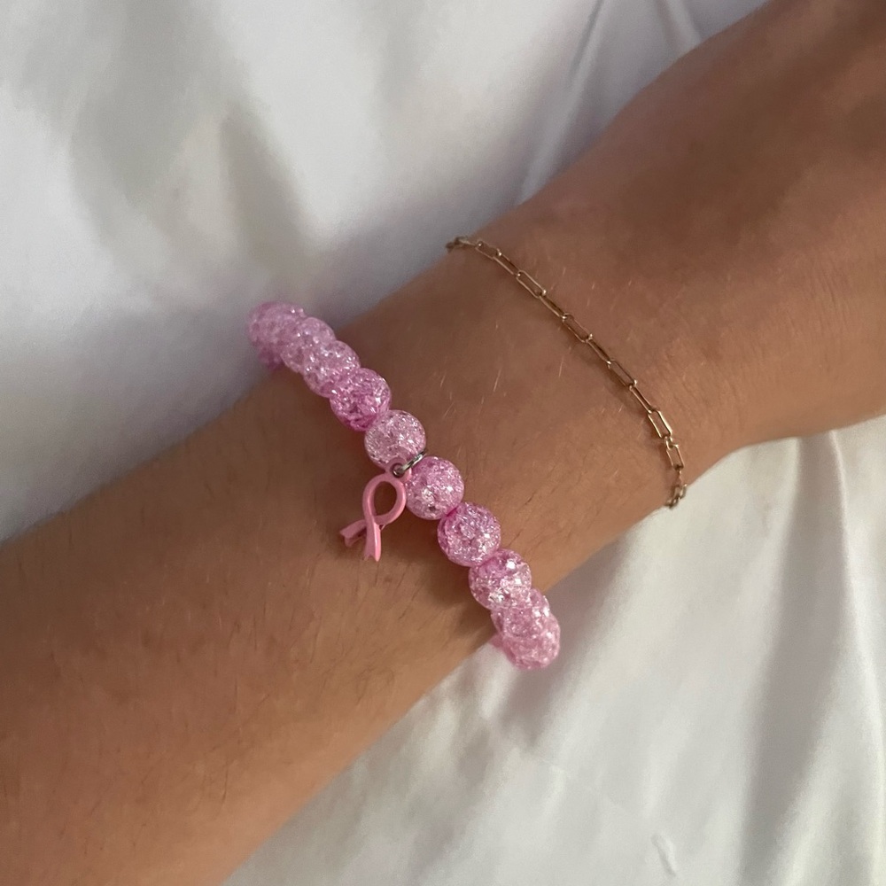 Pink Crystal Beaded Bracelet with Breast Cancer Awareness Charm